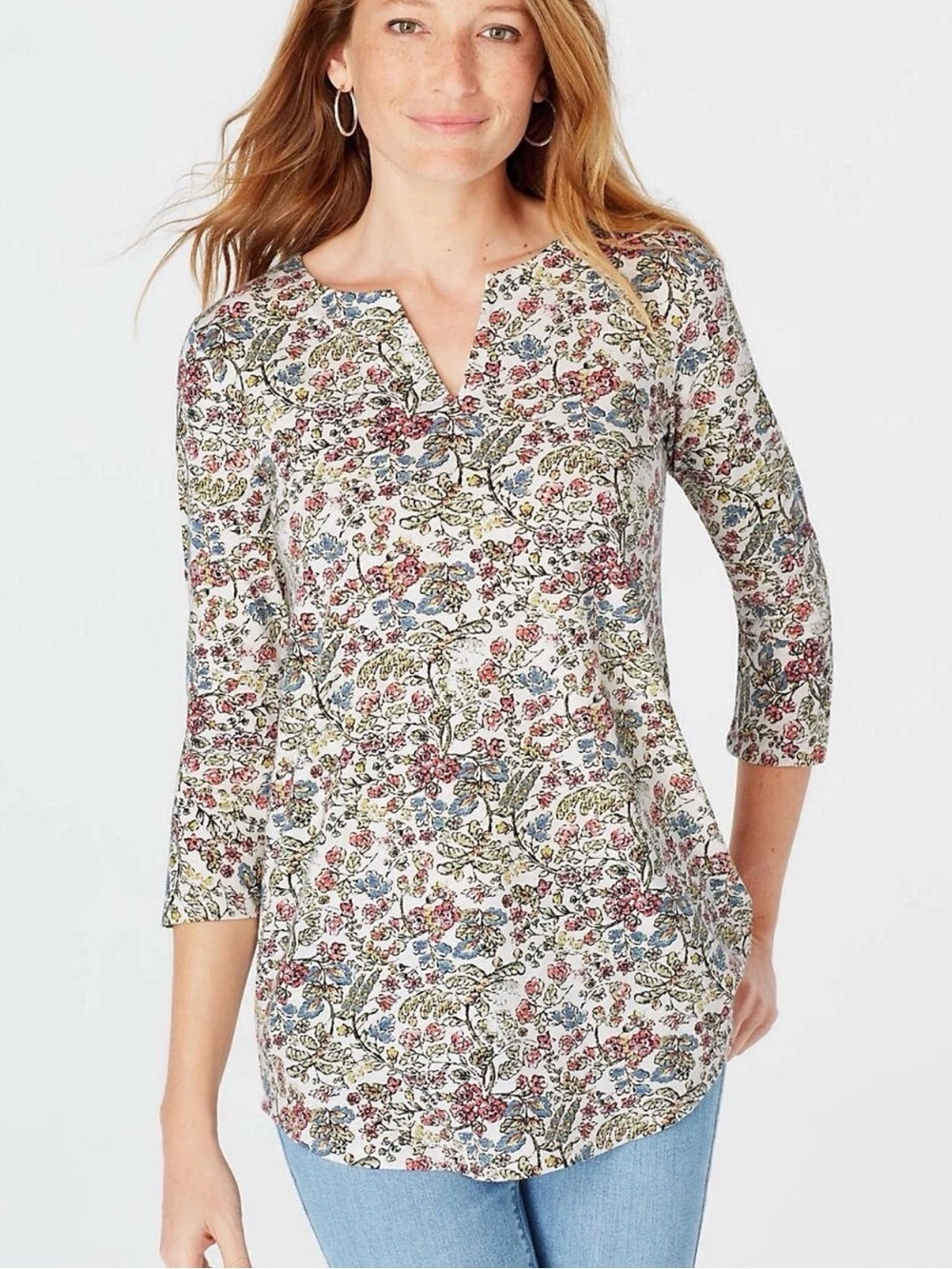 J Jill V Neck 3/4 Sleeve Cream Vintage Floral Pink Green Cotton Lightweight Top